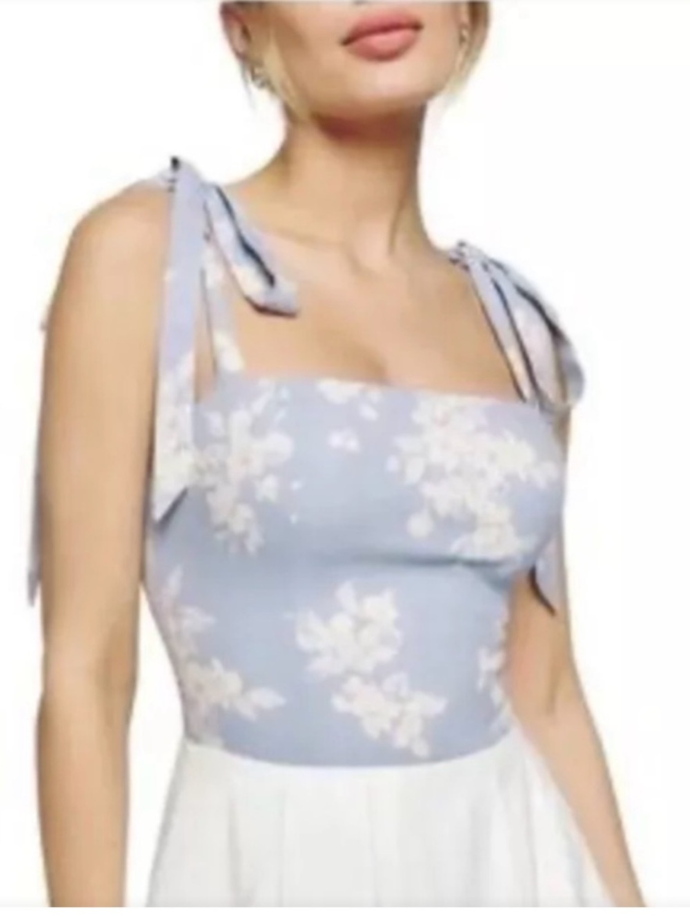 Reformation Ellora Floral Tie-Shoulder Square Neck Crop Top Light Blue Sz 8 NEW
